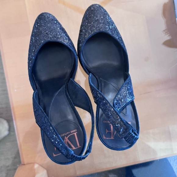 DVF Diane von Furstenberg black glitter heels sling back pumps d’Orsay women’s - Picture 5 of 13